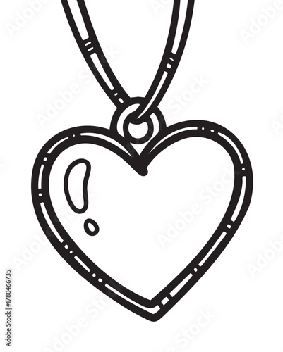 Black outline vector icon of a simple heart-shaped pendant with a reflective surface on a suspended chain.