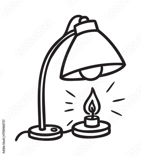 Black outline vector showing a desk lamp with a lit candle on its base, illustrating a mix of modern and classic lighting elements.