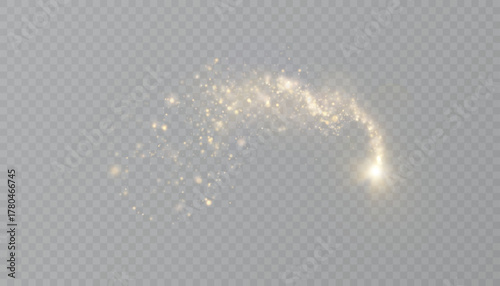 Glowing golden dust swirl with luminous particles and magical curved trail on transparent background. Suitable for fantasy effects, fairy visuals, abstract energy flows, and enchanted light design.	