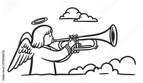 Black and white outline drawing of an angel with wings playing a trumpet, surrounded by clouds and wearing a halo.