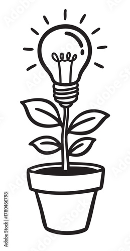 Black outline drawing of a lightbulb growing on a plant stem in a pot, symbolizing creativity and innovation.