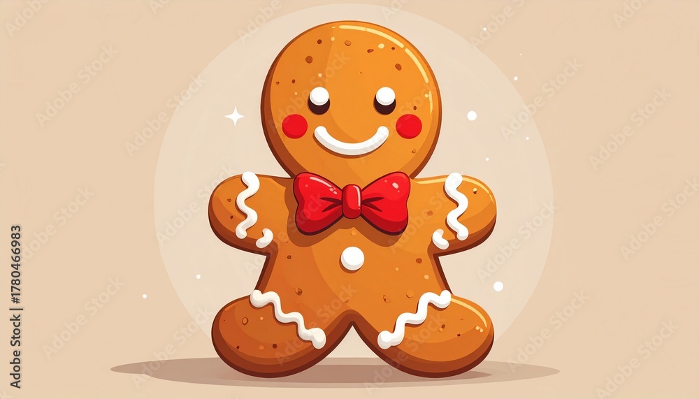 Fototapeta premium A cheerful gingerbread man cookie with a red bow tie and a smiling face, set against a soft beige background.