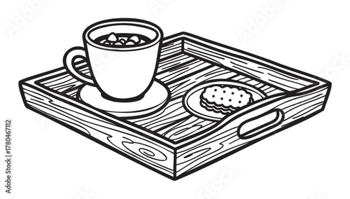 Black outline drawing of a wooden tray containing a cup of coffee and a cookie on a plate, designed in a simple and minimalistic style.
