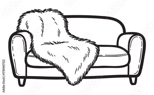 Black outline drawing of a plush fur throw draped over a cozy armchair, emphasizing comfort and style.