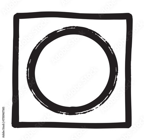 Black hand-drawn circle enclosed within a thick black square border on a white background.