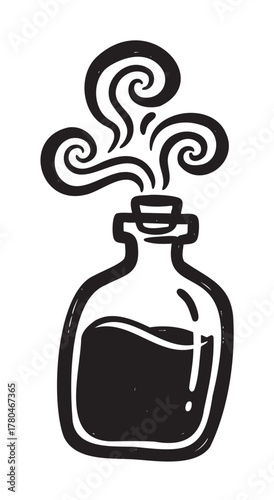 Black and white illustration of a potion bottle with swirling steam rising from the top, suggesting magic or alchemy themes.