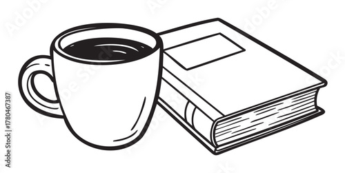 Black outline vector icon of a steaming coffee cup next to a closed hardcover book, representing leisure and relaxation.