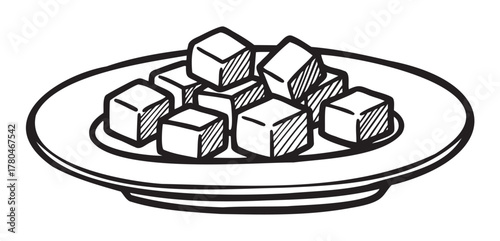 Black and white sketch of a plate with neatly arranged cubes of paneer, showcasing a simple and appetizing dish presentation.