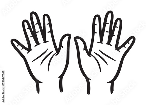 Black and white hand-drawn illustration of two open hands facing up with visible fingers and palm lines.