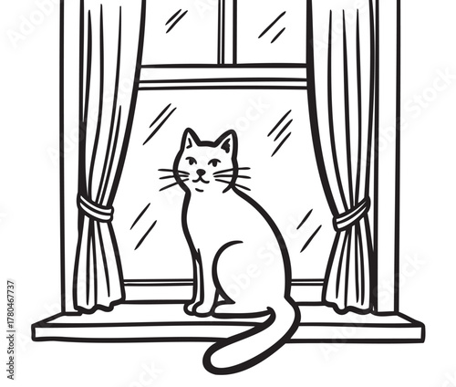 Black and white illustration of a cat sitting on a windowsill with curtains tied back, capturing a simple and serene indoor scene.