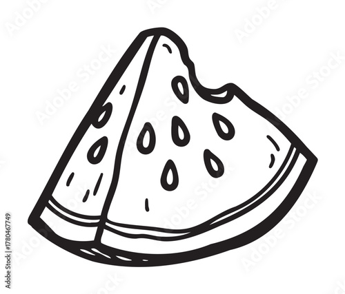 Simple black outline drawing of a watermelon slice with seeds and a bite taken out, depicting a minimalistic fruit concept.