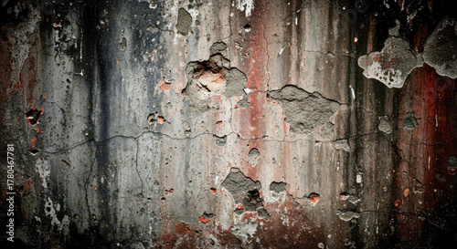 Dark grunge wall texture background old peeling paint on concrete surface with cracks rust and stains abstract rustic backdrop for design