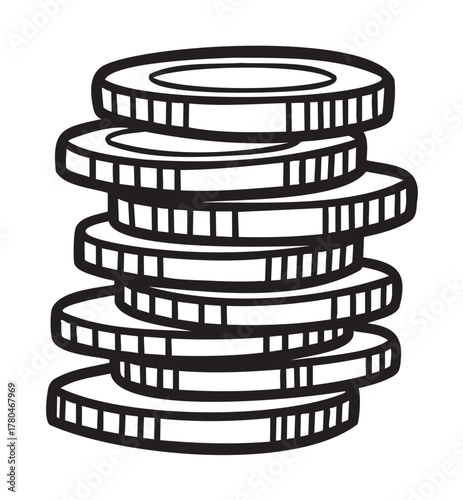 Black outline drawing of a stack of eight coins with detailed edges, arranged in a slightly tilted manner.