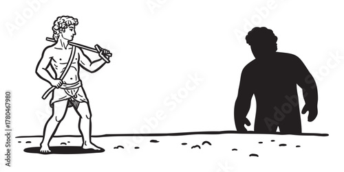 Black and white line drawing of a young caucasian male armed with a sling, facing a giant shadow on the ground.
