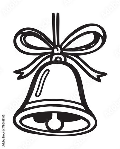 Black outline vector icon of a festive bell with a ribbon tied on top, symbolizing celebration and holiday cheer.