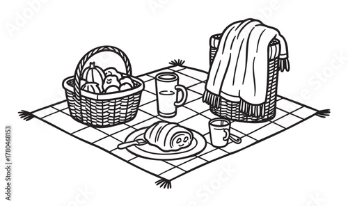 Black and white line drawing of a picnic scene on a checkered blanket with baskets, cups, a croissant, and a thermos.