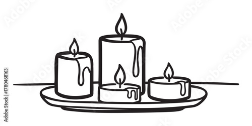 Black outline vector drawing of four candles, two tall and two short, with dripping wax on a tray. minimalist design ideal for relaxation and home decor themes.