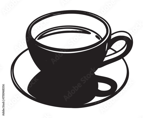 Black outline drawing of a simple teacup with a saucer, showcasing minimalist design and smooth curves for concepts of beverages and kitchenware.