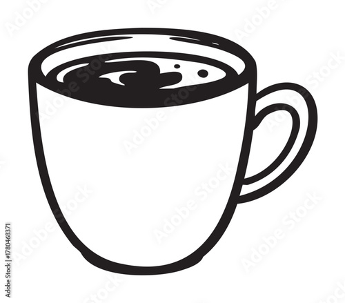 Black and white outline drawing of a steaming coffee mug with a handle on the right side, depicting a warm beverage concept.