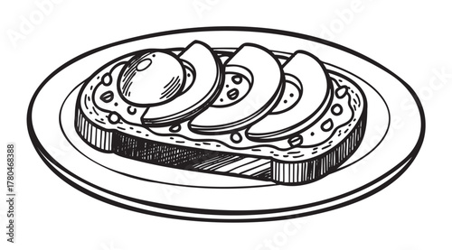 Hand-drawn black and white vector image of a plate featuring an avocado toast with sliced avocado and a poached egg.