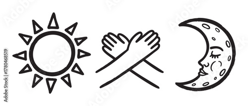 Simple black outline drawings of a sun with rays, crossed hands, and a crescent moon with a face, symbolizing day and night.