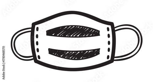 Black and white sketch of a simple face mask with ear loops and rectangular designs, depicted in a minimalistic style.