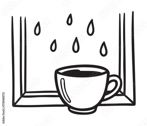 Black outline drawing of a coffee cup sitting on a windowsill with raindrops falling outside the window.