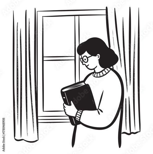 Black and white illustration of a female adult holding a book and standing in front of a window with curtains.