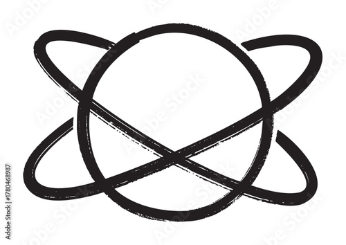 Simple black outline of an atom symbol with a central circle and elliptical orbits, representing science and energy concepts.