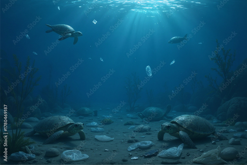 Fototapeta premium Pollution concept. Plastic pollution in ocean environmental