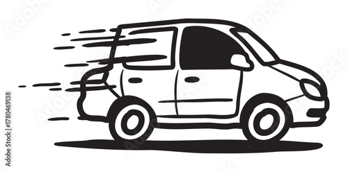 Black outline sketch of a compact car with motion lines, conveying speed and movement.