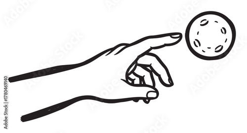Black outline illustration of a human hand pointing at a moon in a minimalistic style.