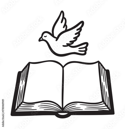 Black outline drawing of an open book with a flying dove above, symbolizing freedom and knowledge.