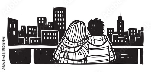 A couple is sitting on a rooftop, gazing at a city skyline with tall buildings in the distance, creating a romantic and serene atmosphere.