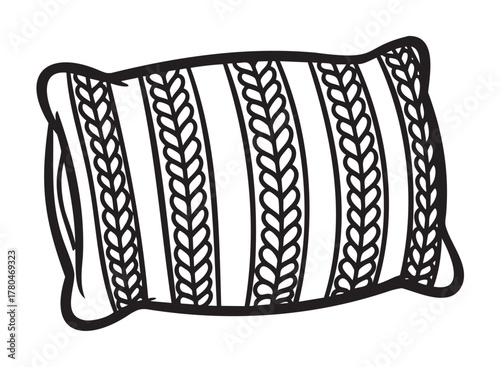 Black outline vector icon of a decorative pillow with a striped pattern and braided design. minimal illustration for home decor and textile concepts.