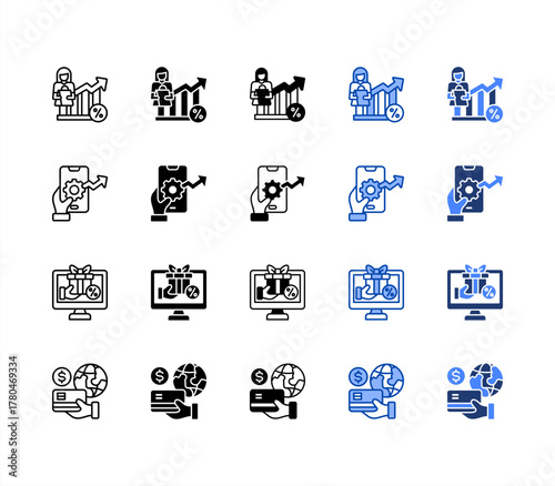 Conversion rate, Loyalty program, Mobile optimization, Payment gateway multiple style icon set.