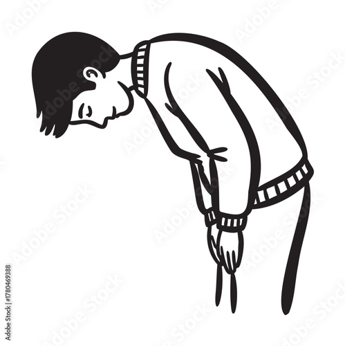 Monochrome illustration of a young male bowing respectfully, showcasing a side profile with head lowered, hands resting on his knees.