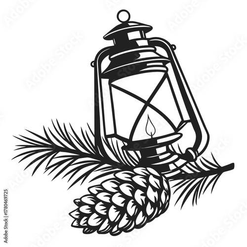 Vintage lantern and pine cone resting on pine branch artistic rendering isolated on transparent background