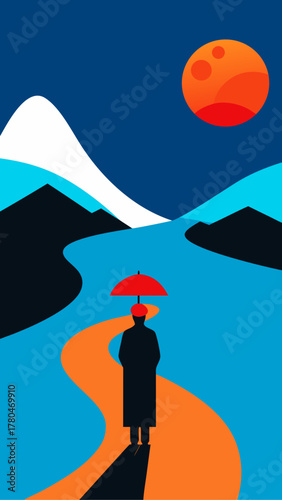 Person walking under umbrella on winding orange path