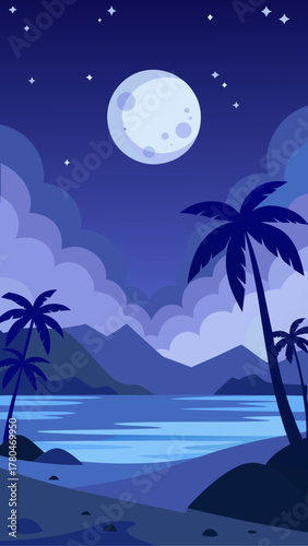 Nighttime beach scene with moon and palm trees view