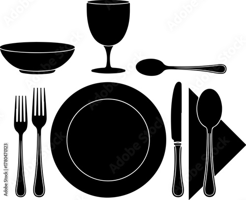 Black Silhouette Set of Dinner Table Layout Plate Fork Knife Glass Spoon and Napkin