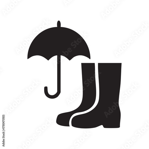 Weather Protection Icon Featuring an Umbrella and Boots Black Silhouette Symbolizing Rainy Day Preparedness and Keeping Dry