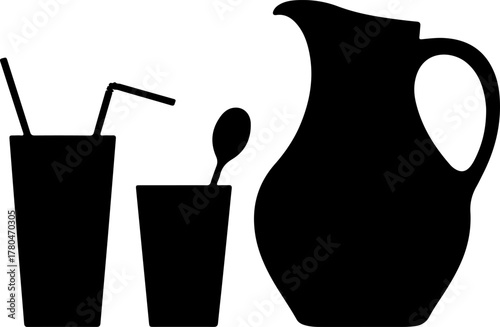 Black Silhouette Set of Drink Serving Setup Jug Glass Spoon and Straw
