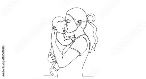 A minimalist, one line continuous drawing portraying a mother's tender embrace with her baby, elegantly rendered in a single artistic stroke, highlighting a profound maternal bond