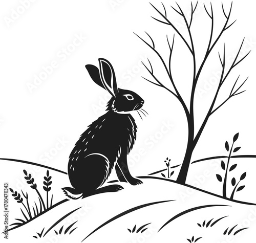 Silhouette of a hare sitting in a moody field with bare trees at dusk isolated on transparent background