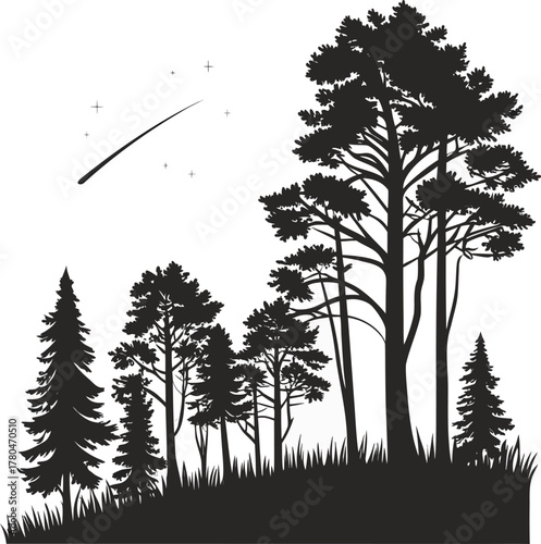Silhouetted tall pine trees and forest landscape under moonlight vividly depicted isolated on transparent background