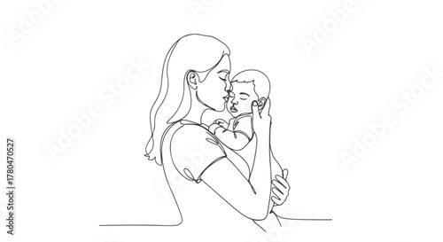 One continuous line illustration of a mother embracing and kissing her baby, in a single, simple outline