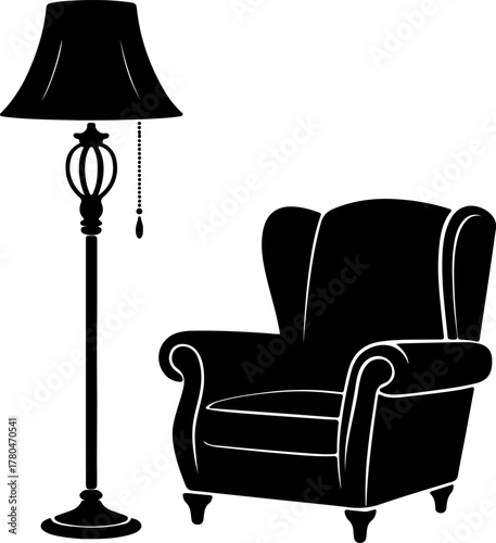 Black Silhouette Set of Elegant Floor Lamp Beside a Cozy Armchair