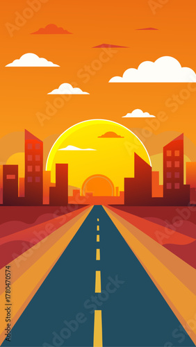 Road leading to city skyline at sunset illustration