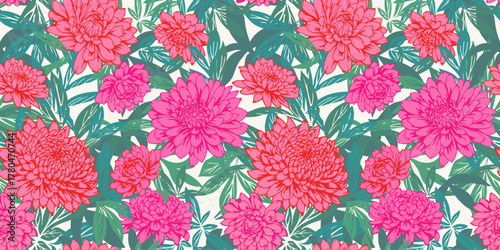 Seamless vector floral pattern with bright pink and coral chrysanthemum blooms and lush green leaves on a light background. Vibrant botanical design for fabrics and stationery